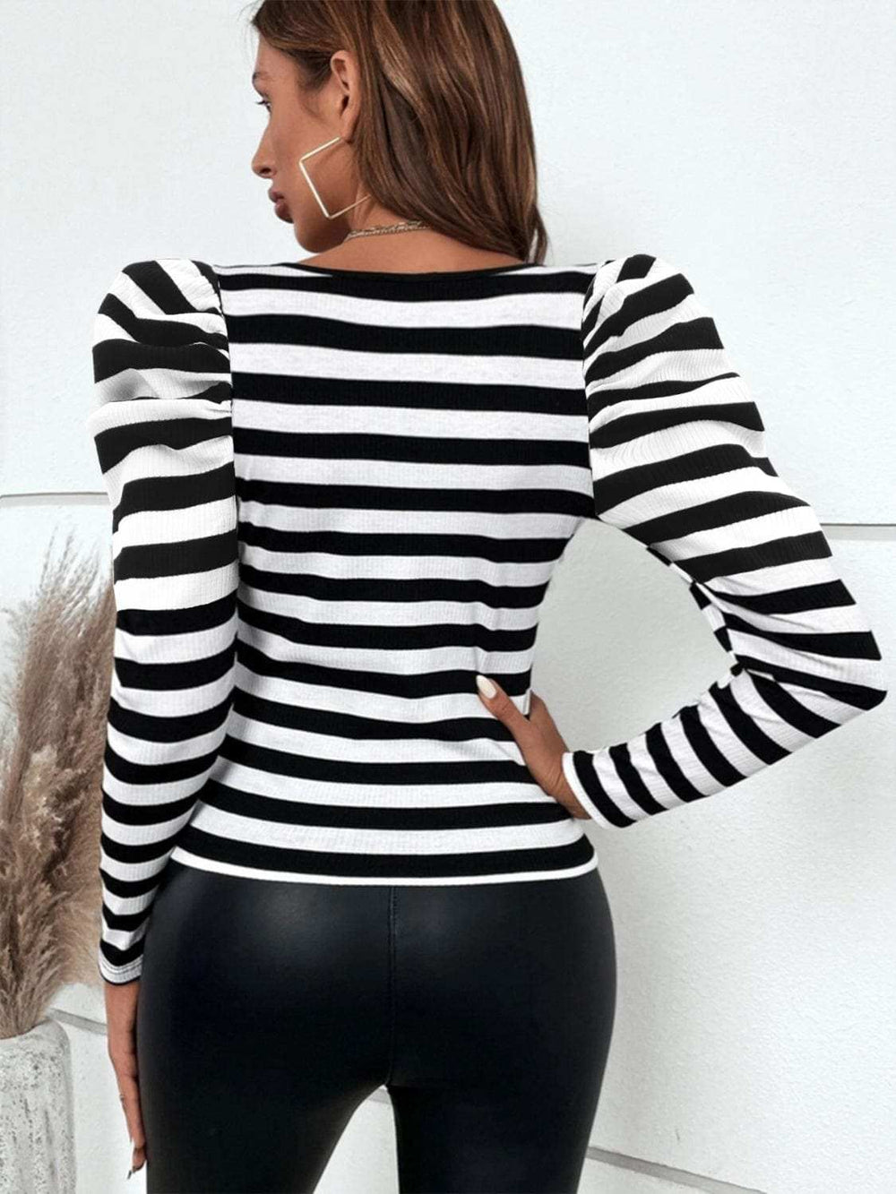 Striped Square Neck Puff Sleeve T-Shirt - Trendsi - Flyclothing LLC