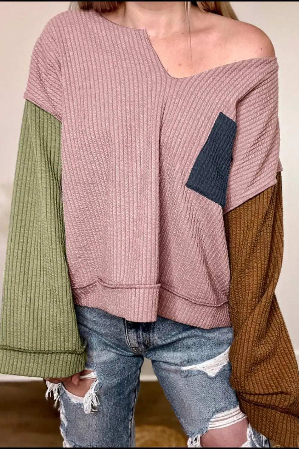 Color Block Textured Notched Long Sleeve Top - Trendsi - Flyclothing LLC