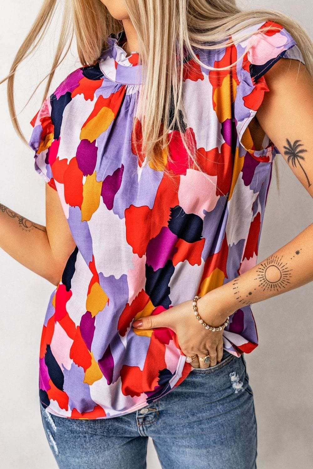 Frill Printed Mock Neck Cap Sleeve Blouse - Trendsi - Flyclothing LLC