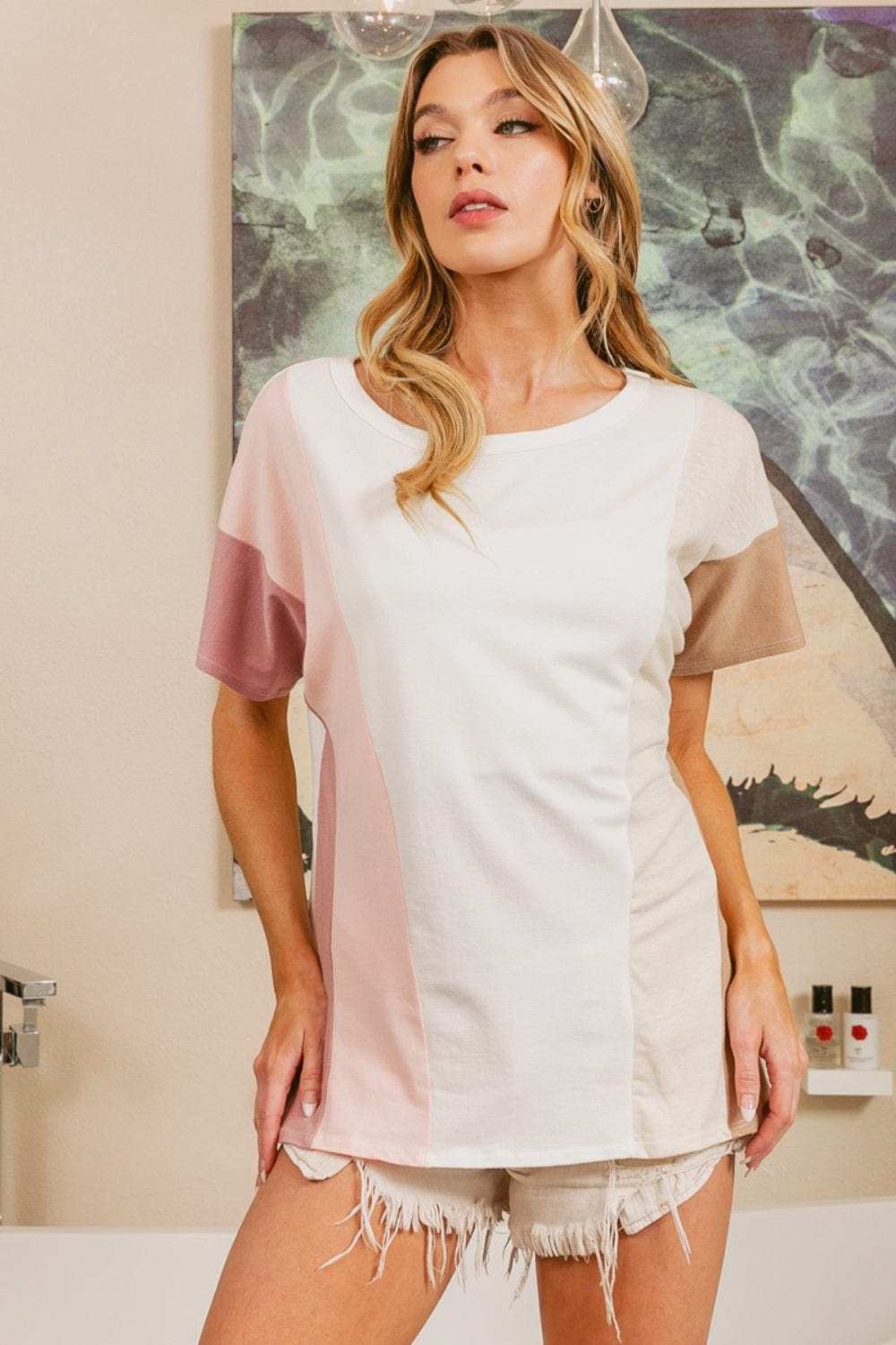 BiBi Color Block Short Sleeve T-Shirt - Trendsi - Flyclothing LLC