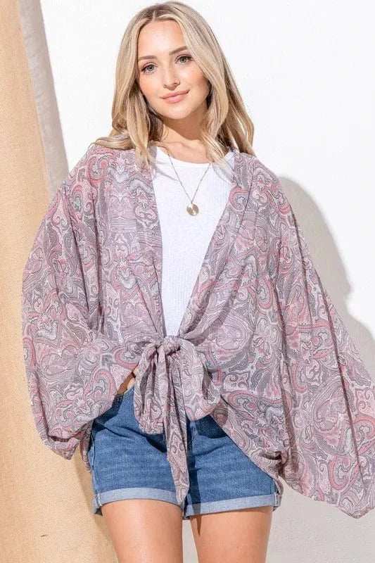 And The Why Sheer Front Tie Knot Oversized Kimono Wrap Cover Up - Trendsi - Flyclothing LLC