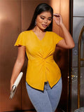 Twisted Solid V-Neck Cap Sleeve Blouse - Trendsi - Flyclothing LLC