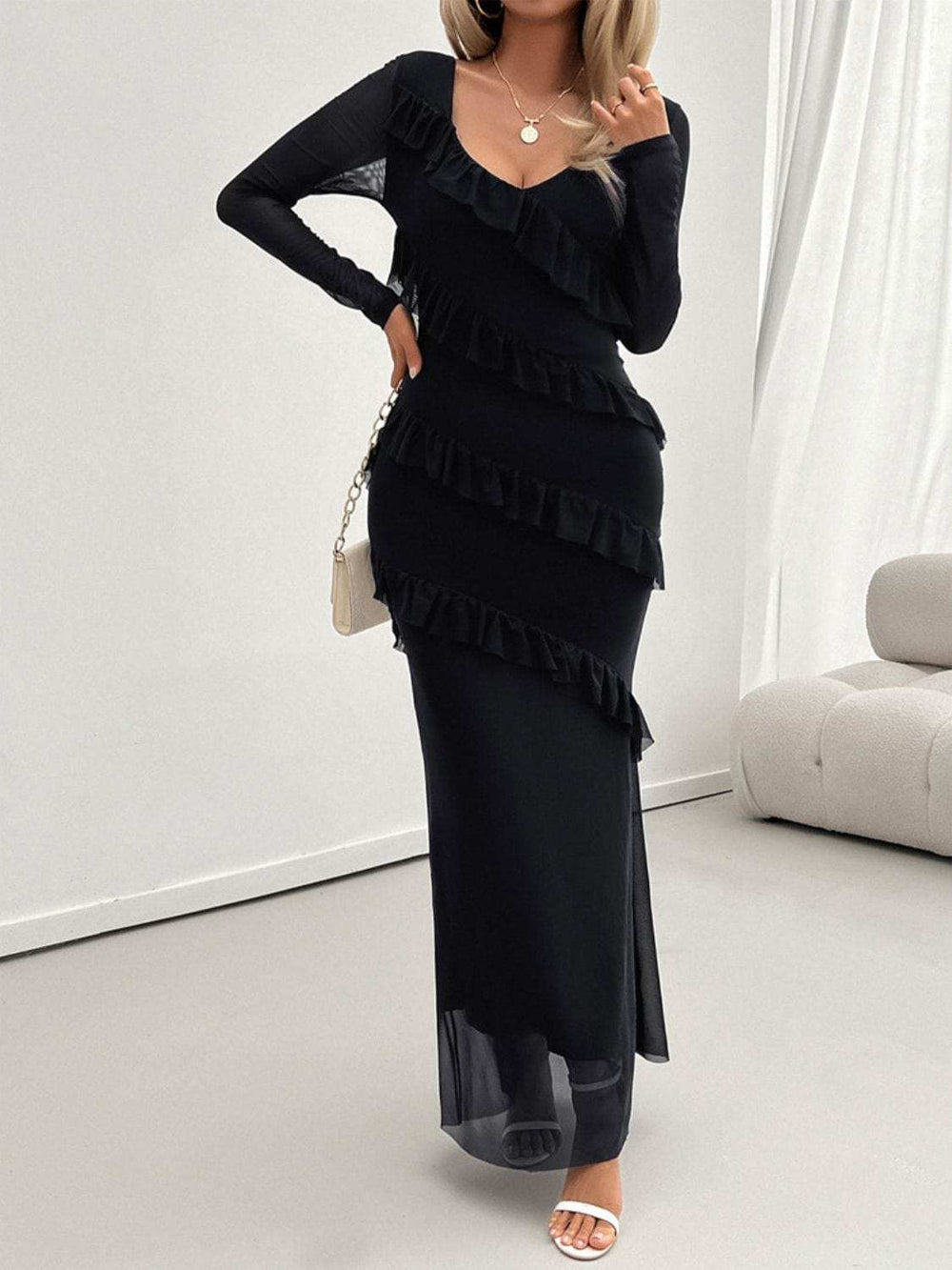 Devine Ruffled Surplice Long Sleeve Maxi Dress - Trendsi - Flyclothing LLC