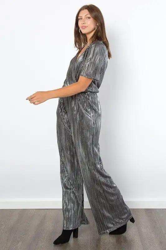 Be Stage Surplice Short Sleeve Pleated Foil Jumpsuit - Trendsi - Flyclothing LLC