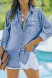 Pocketed Collared Neck Long Sleeve Denim Top - Trendsi - Flyclothing LLC