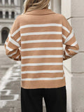 Striped Johnny Collar Long Sleeve Sweater - Trendsi - Flyclothing LLC