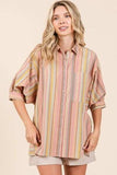 Mittoshop Striped Bubble Sleeve Button Down Shirt - Trendsi - Flyclothing LLC