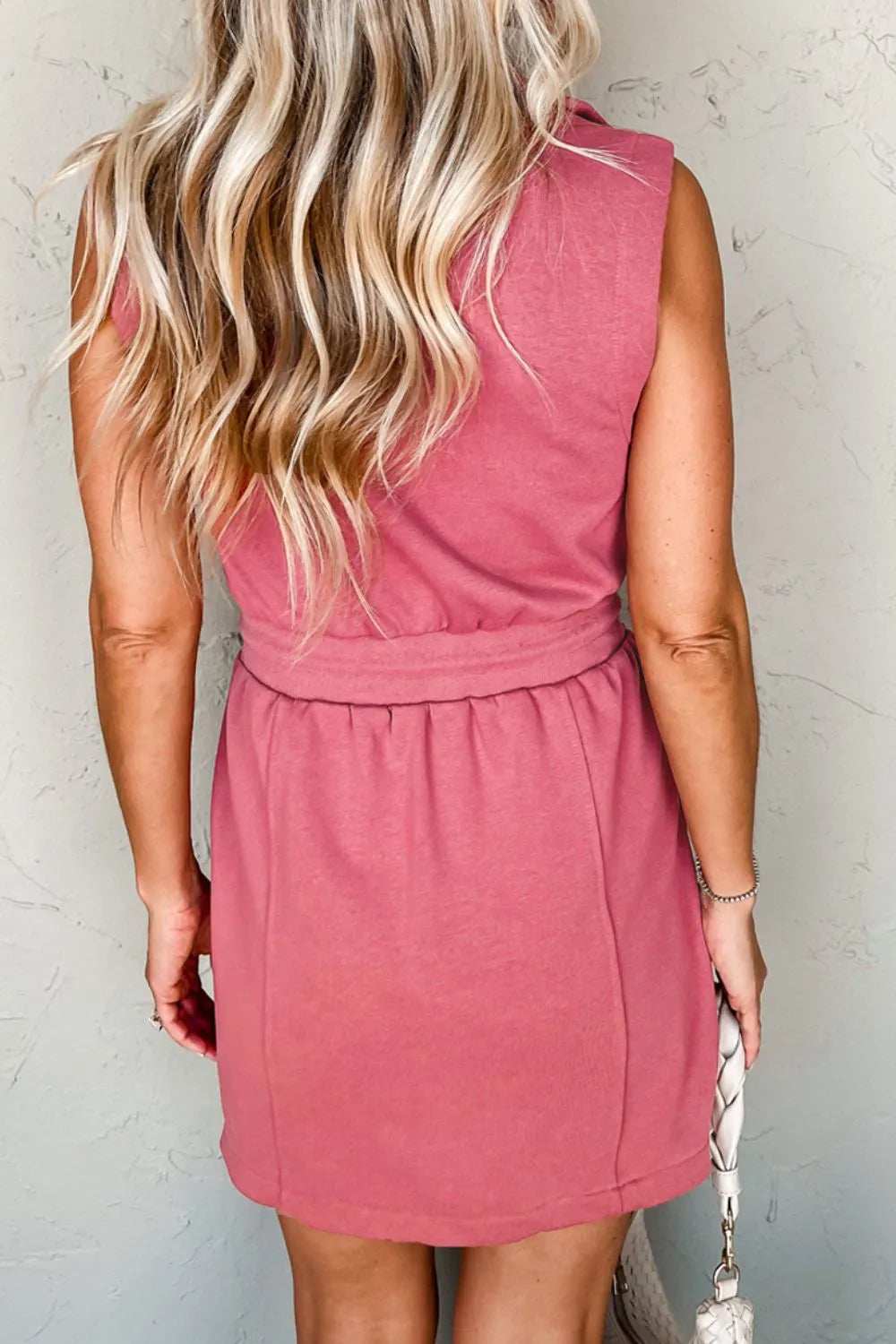 French Terry Zipped Collar Sleeveless Drawstring Waist Mini Dress - Trendsi - Flyclothing LLC
