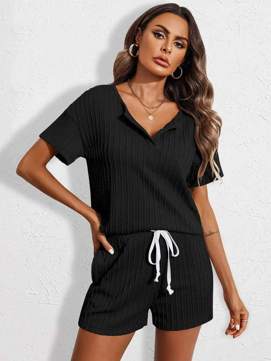 Notched Short Sleeve Top and Shorts Set - Trendsi - Flyclothing LLC