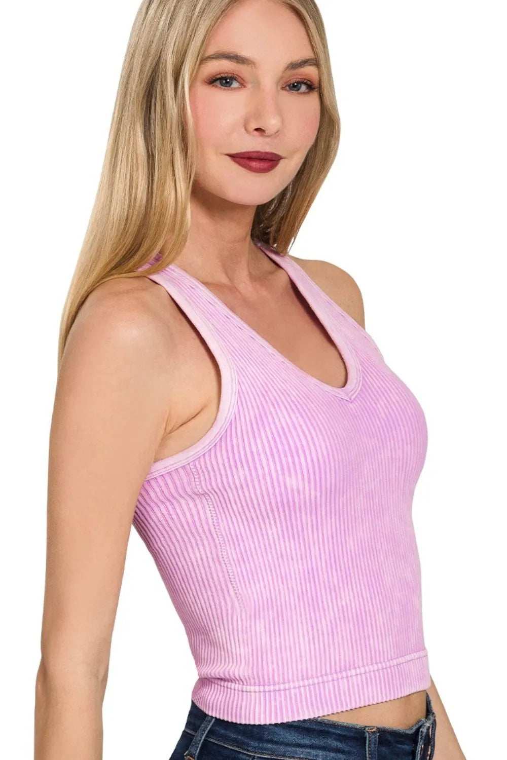 Zenana Washed Ribbed Seamless Bra Padded V-neck Tank Top - Trendsi - Flyclothing LLC