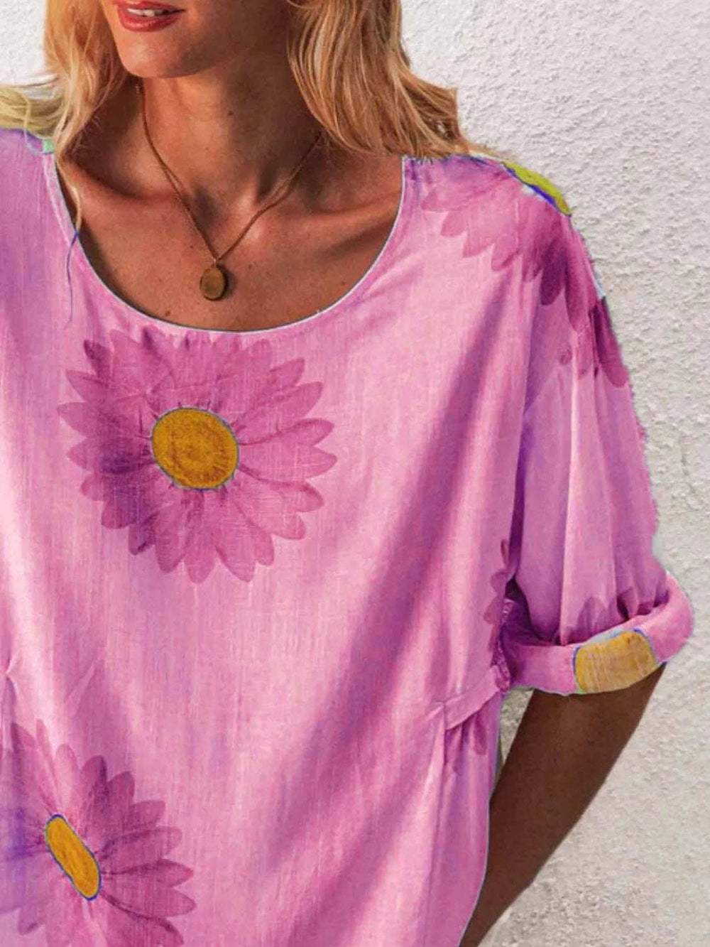 Full Size Flower Round Neck Half Sleeve T-Shirt Plus Size - Trendsi - Flyclothing LLC