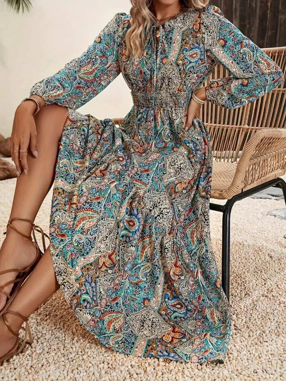 Printed Tie Neck Long Sleeve Maxi Dress - Trendsi - Flyclothing LLC