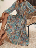 Printed Tie Neck Long Sleeve Maxi Dress - Trendsi - Flyclothing LLC