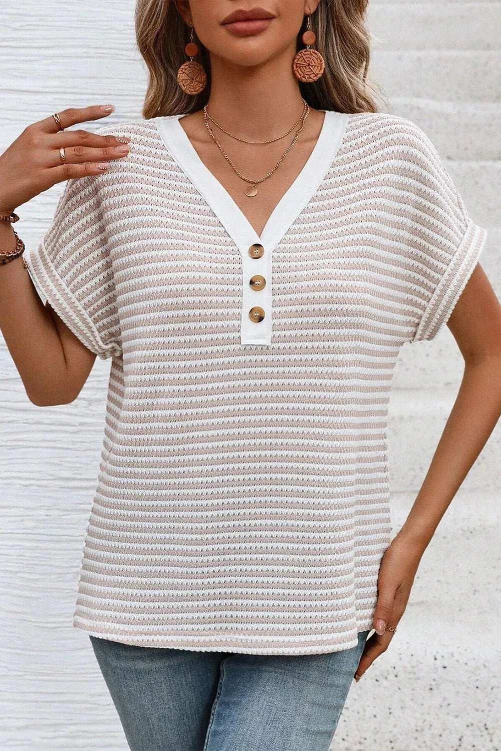 Stripe Buttoned Front V Neck T Shirt - Trendsi - Flyclothing LLC