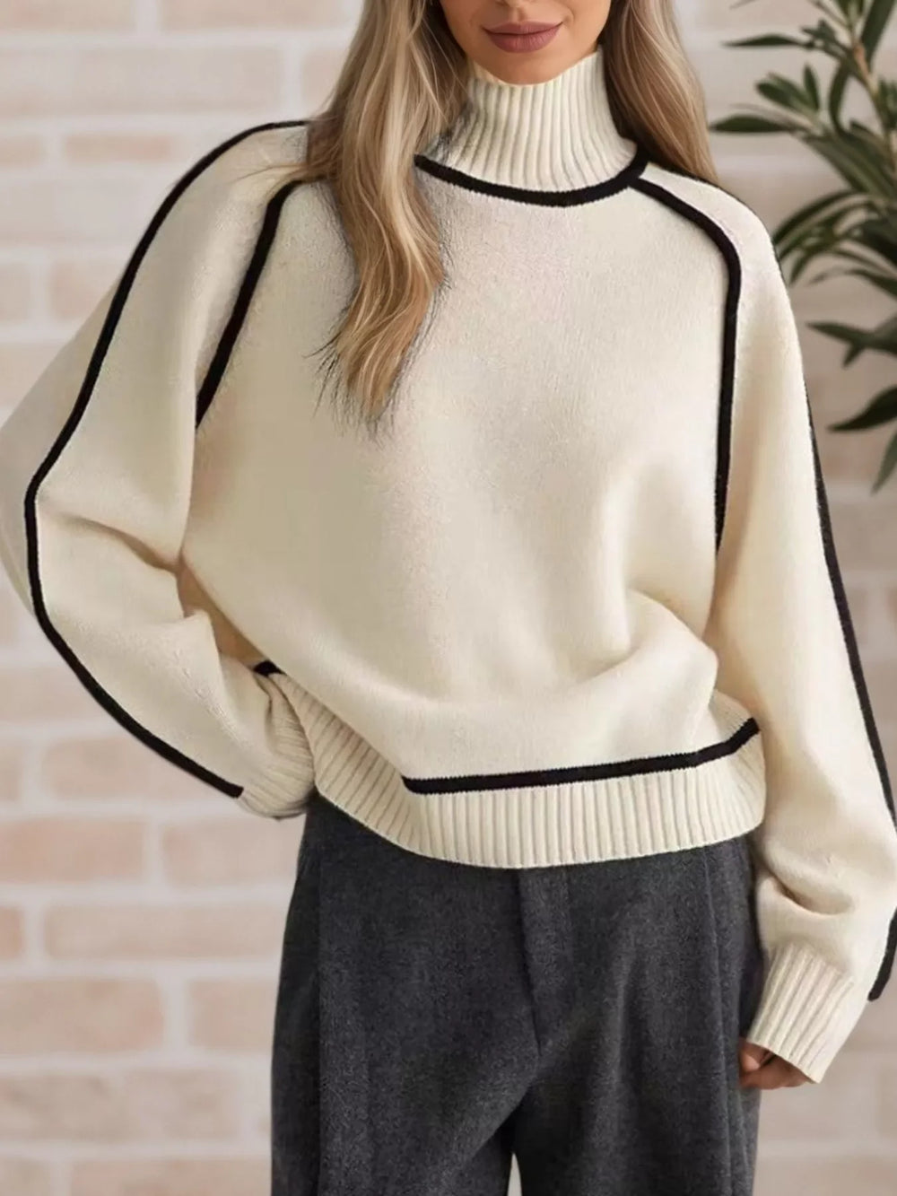 Contrast Trim Turtleneck Sweater - Trendsi - Flyclothing LLC