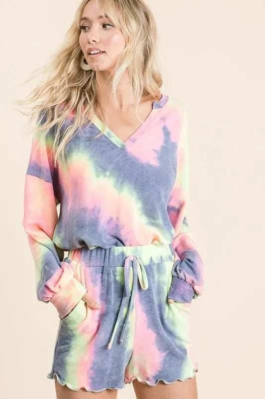 BiBi Tie Dye French Terry Top and Shorts Set - Trendsi - Flyclothing LLC