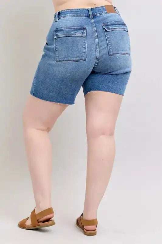 Judy Blue Full Size Mid Rise Bermudas Denim Shorts W/ Back Flap Pockets Plus Size - Trendsi - Flyclothing LLC