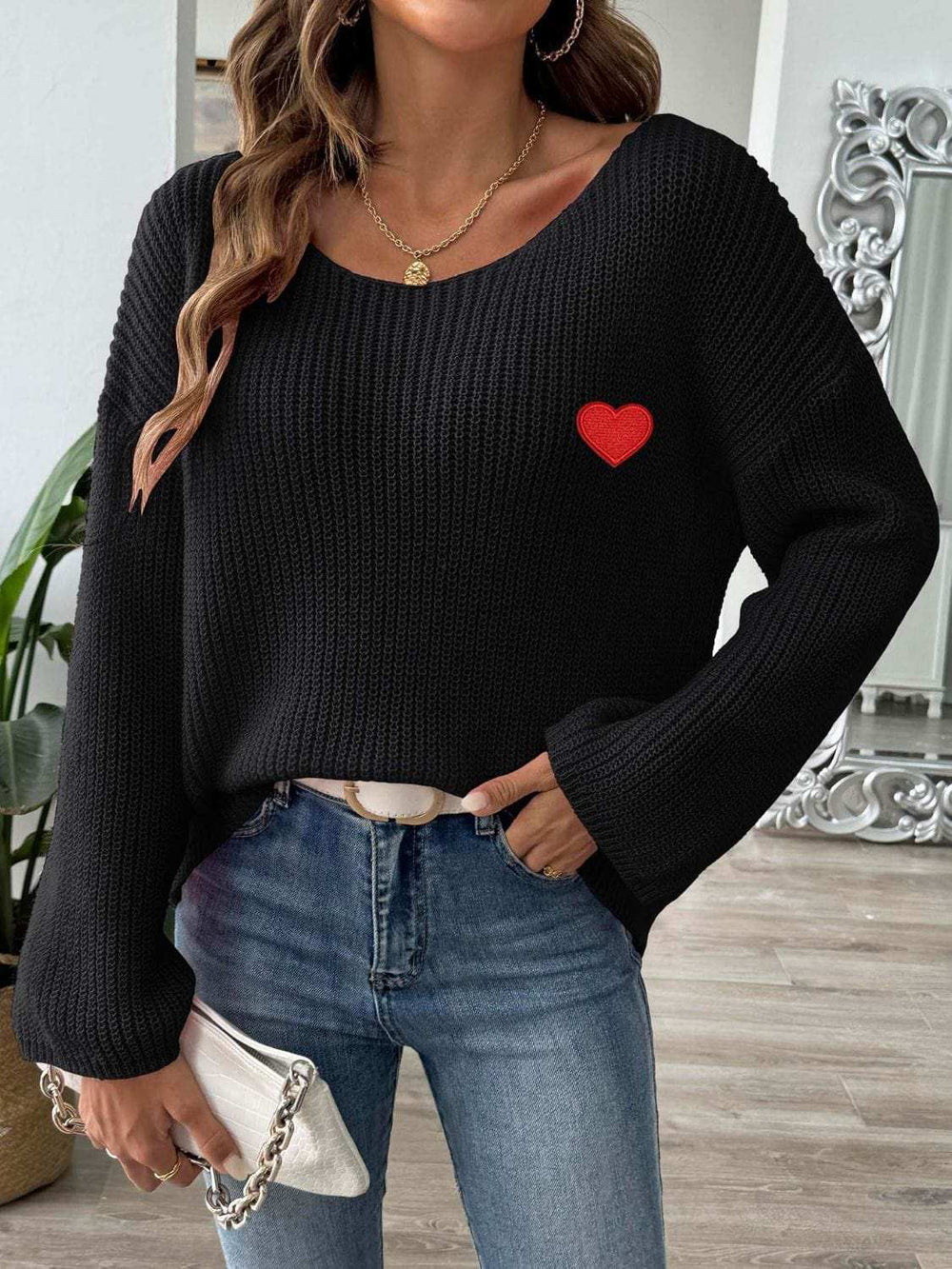 Heart Boat Neck Dropped Shoulder Sweater - Trendsi - Flyclothing LLC