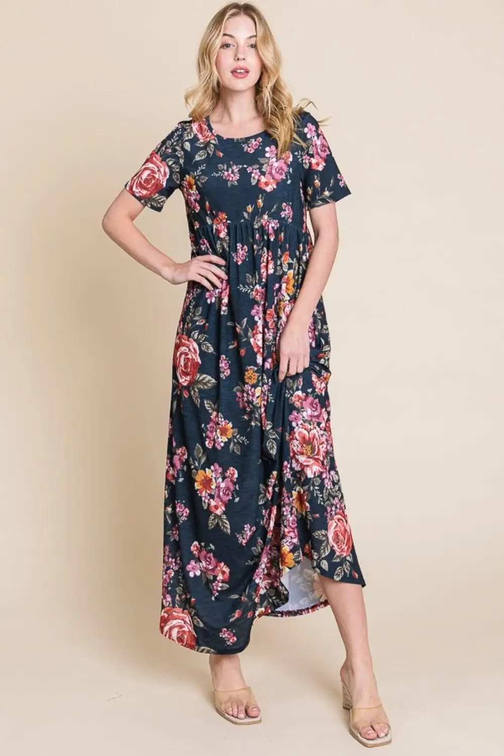 BOMBOM Floral Short Sleeve Maxi Dress - Trendsi - Flyclothing LLC