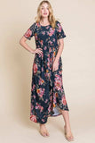 BOMBOM Floral Short Sleeve Maxi Dress - Trendsi - Flyclothing LLC