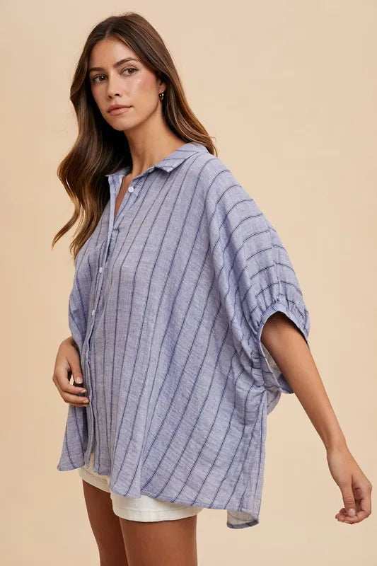 Annie Wear Striped Button Up Half Sleeve Shirt - Trendsi - Flyclothing LLC