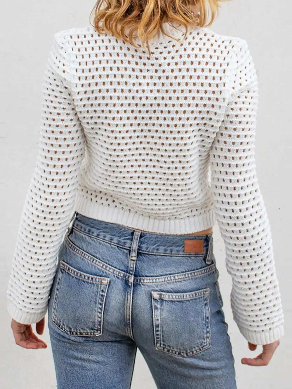 Openwork Round Neck Long Sleeve Knit Top - Trendsi - Flyclothing LLC