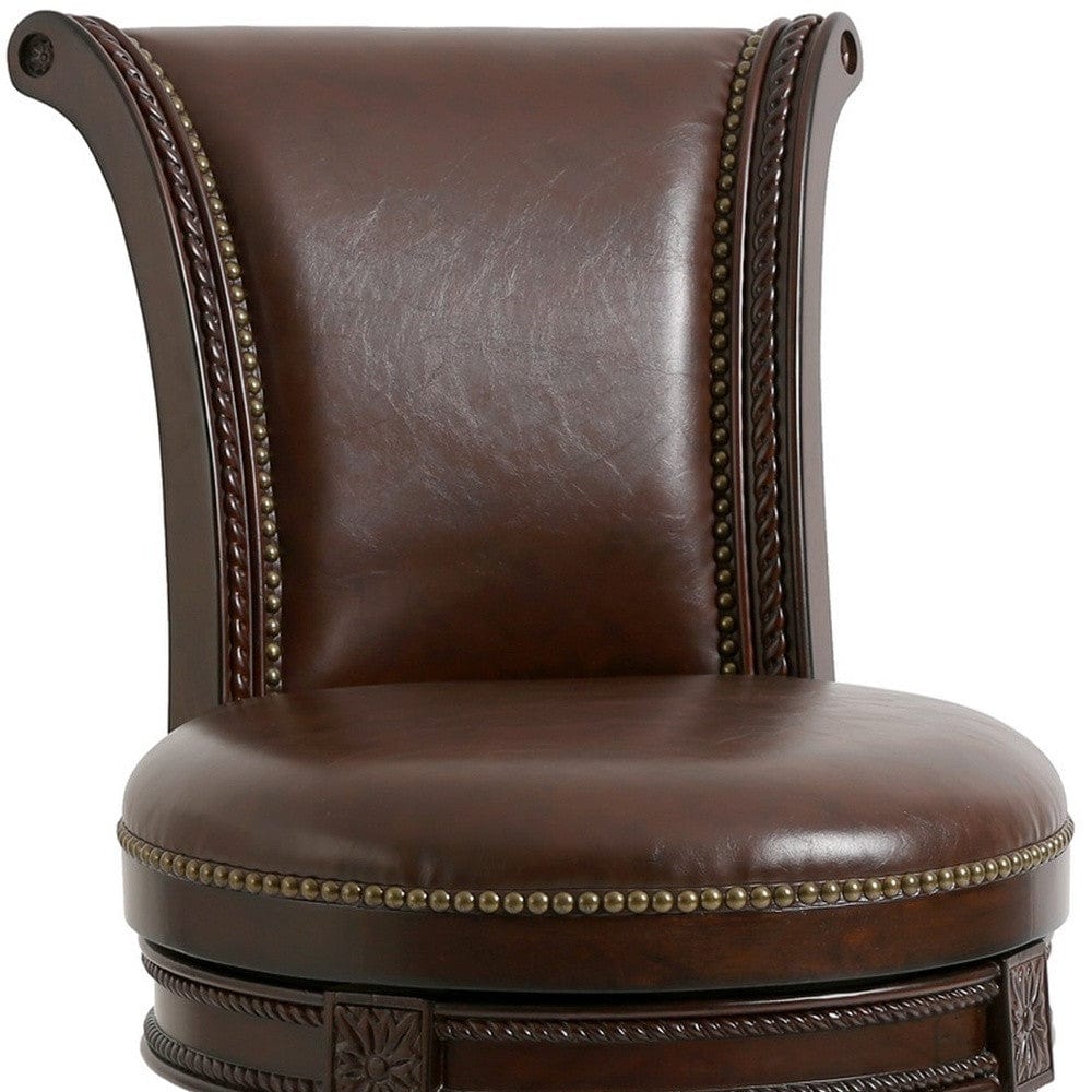 25" Dark Brown Faux Leather And Solid Wood Swivel Counter Height Bar Chair - Homeroots - Flyclothing LLC