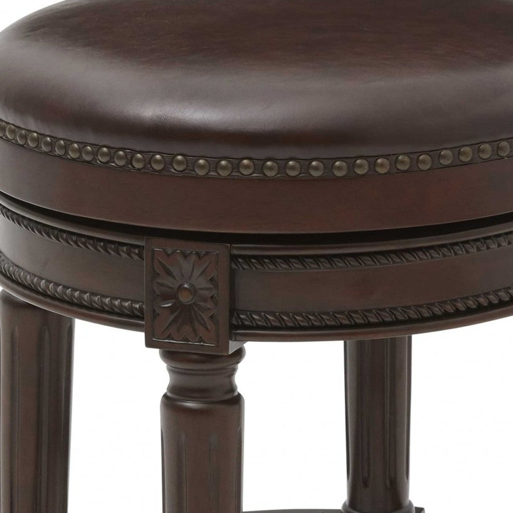 26" Dark Brown And Wood Brown Faux Leather Swivel Backless Counter Height Bar Chair - Homeroots - Flyclothing LLC