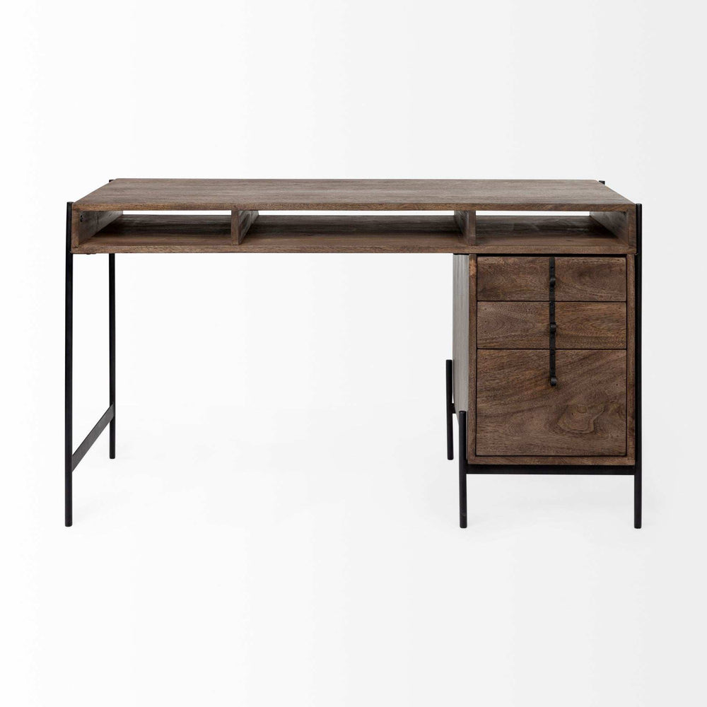 Medium Brown Wooden Writing Desk With 3 Drawers And 3 Open Shelves - Homeroots - Flyclothing LLC