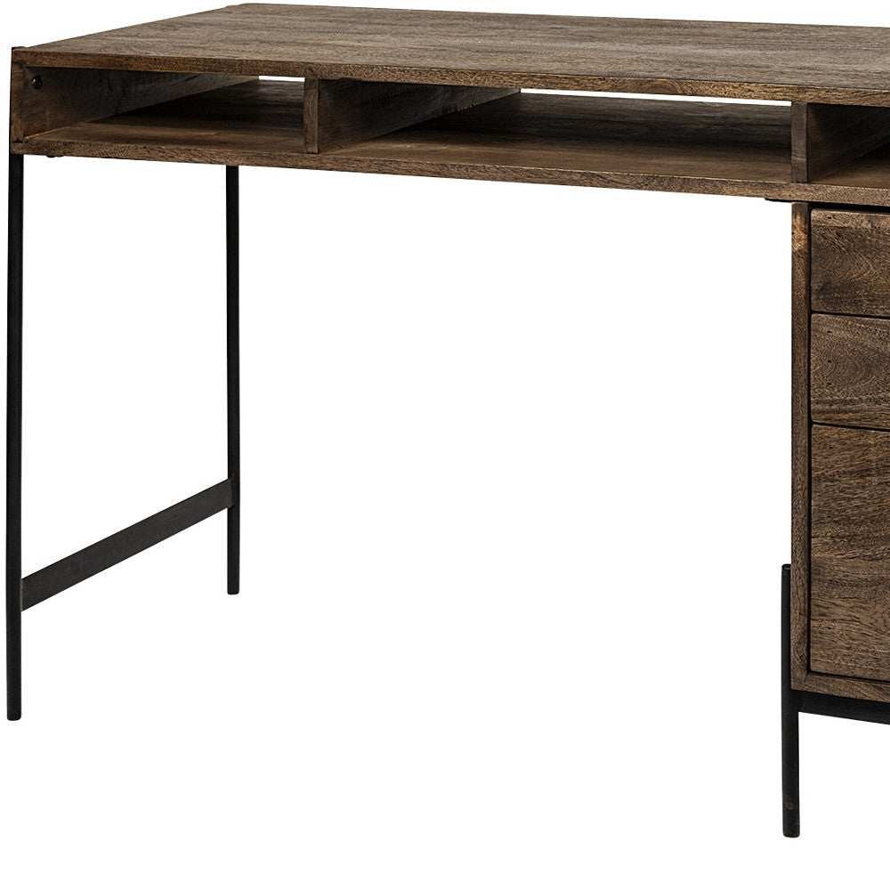 Medium Brown Wooden Writing Desk With 3 Drawers And 3 Open Shelves - Homeroots - Flyclothing LLC