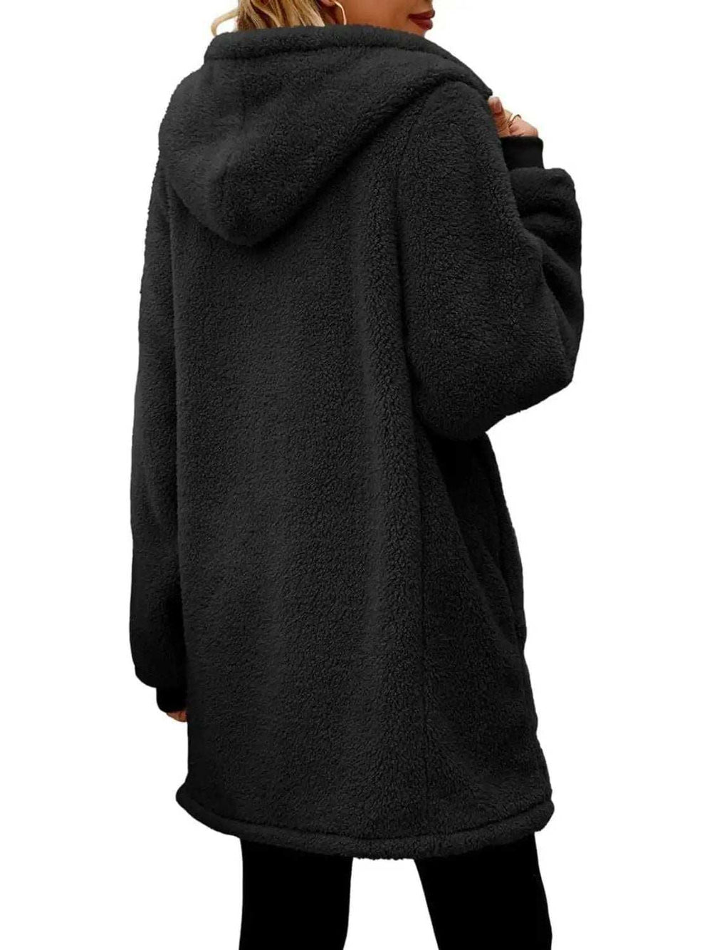 Fuzzy Pocketed Zip Up Long Sleeve Hooded Jacket - Trendsi - Flyclothing LLC