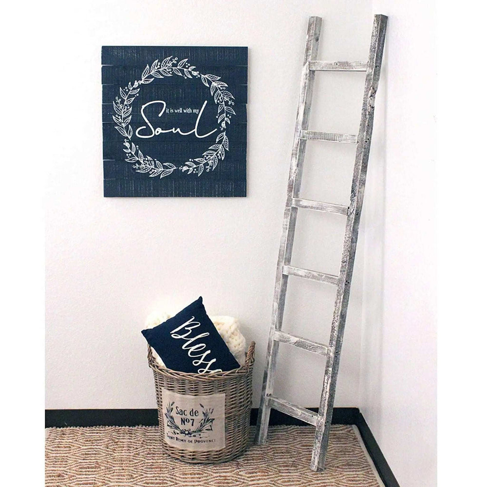 6 Step Rustic White Wash Wood Ladder Shelf - Homeroots - Flyclothing LLC