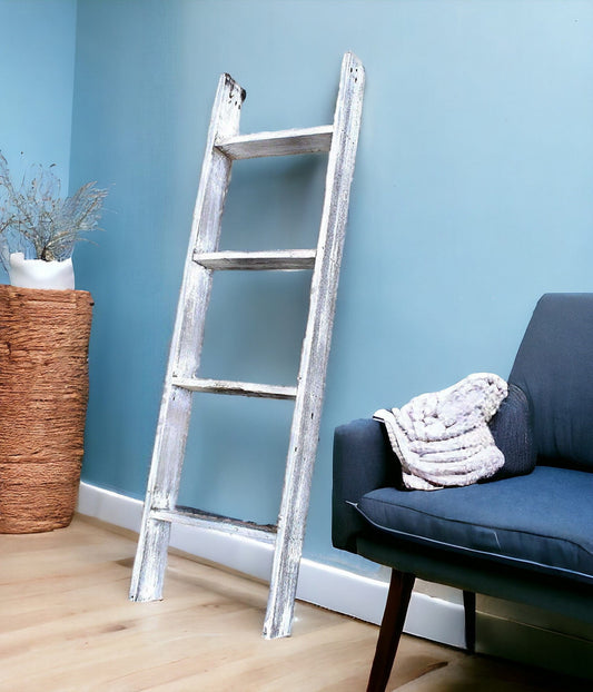 49" Whitewash Rustic Four Step Wood Ladder Shelf - Homeroots