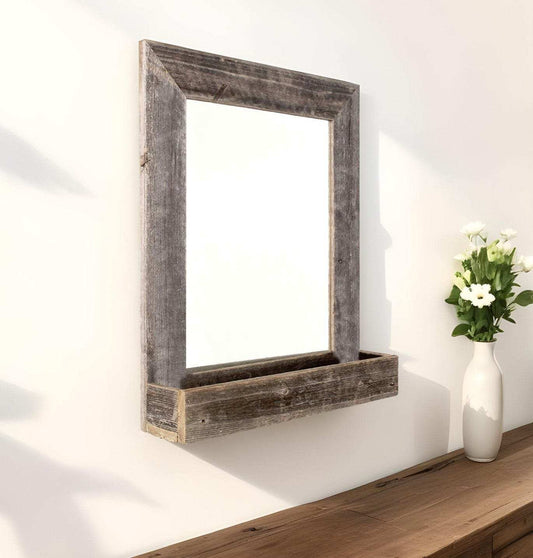 Rustic Weathered Gray Reclaimed Wood Plank Mirror With Shelf - Homeroots - Flyclothing LLC