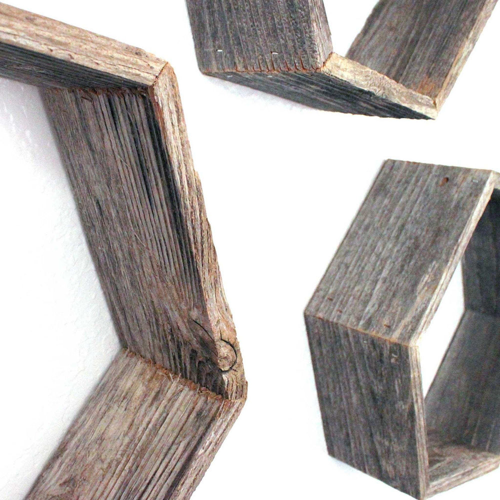 Set Of 3 Hexagon Rustic Natural Weathered Grey Wood Open Box Shelve - Homeroots - Flyclothing LLC
