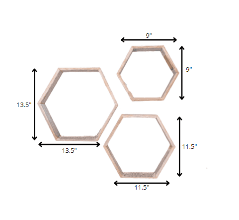 Set Of 3 Hexagon Rustic Natural Weathered Grey Wood Open Box Shelve - Homeroots - Flyclothing LLC