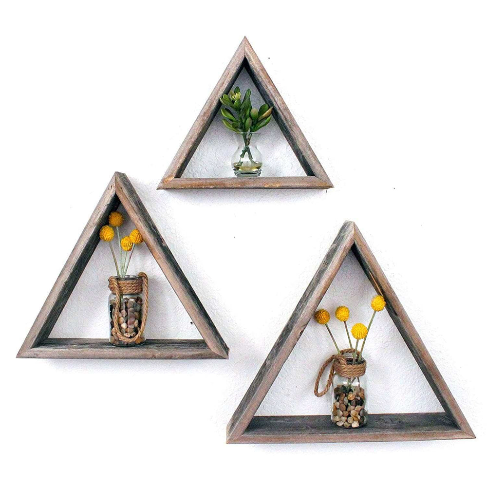 Set Of 3 Triangle Rustic Natural Weathered Grey Wood Open Box Shelve - Homeroots - Flyclothing LLC
