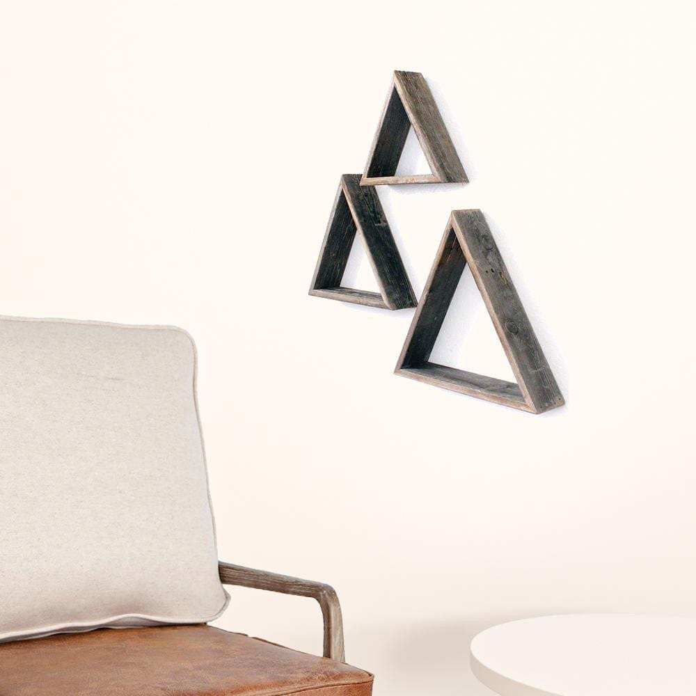 Set Of 3 Triangle Rustic Natural Weathered Grey Wood Open Box Shelve - Homeroots - Flyclothing LLC