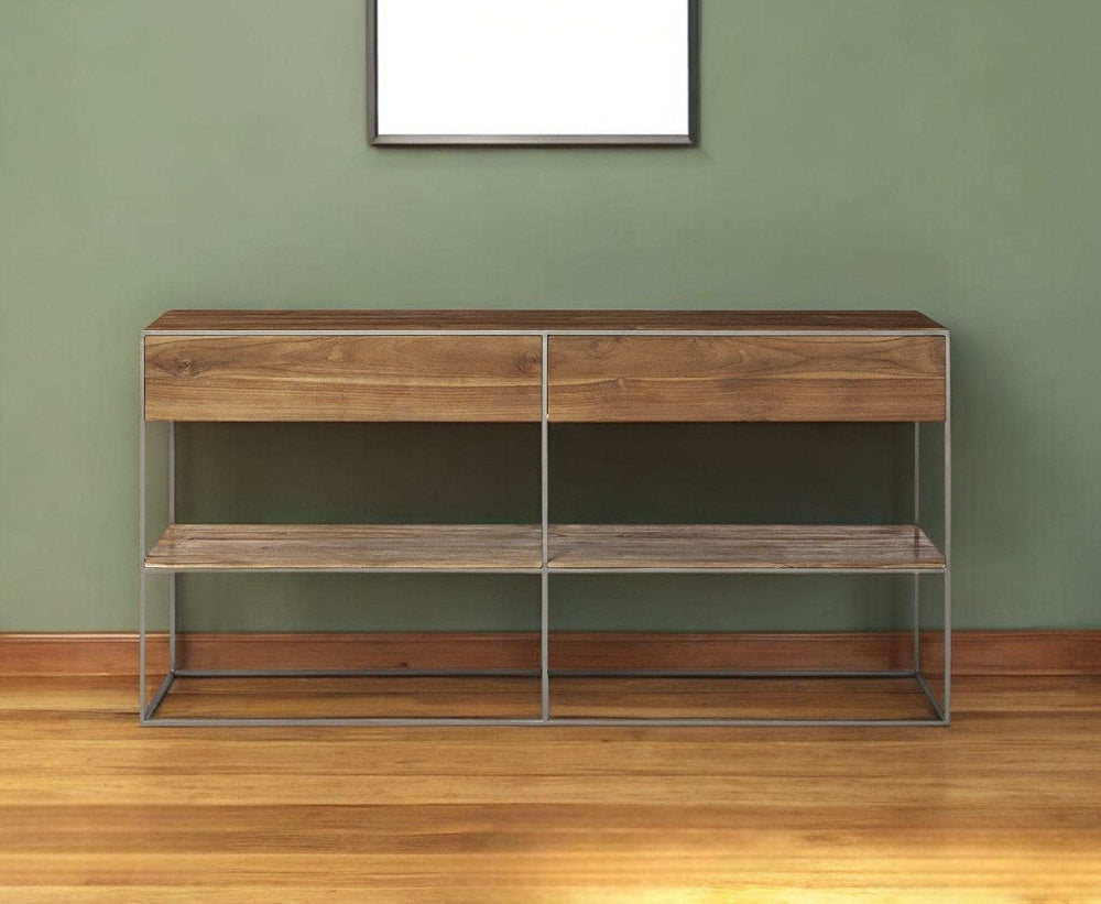 Brown Wood And Silver Metal Frame With 2 Drawer And Sideboard - Homeroots - Flyclothing LLC