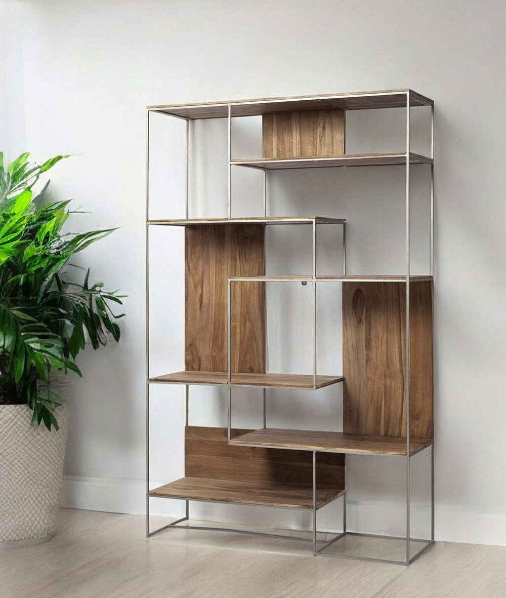 Brown Wood And Silver Metal Frame With 6 Shelf Shelving Unit - Homeroots - Flyclothing LLC