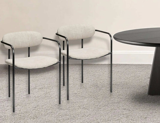 Set Of Two Beige And Gunmetal Upholstered Fabric Open Back Arm Chairs - Homeroots - Flyclothing LLC