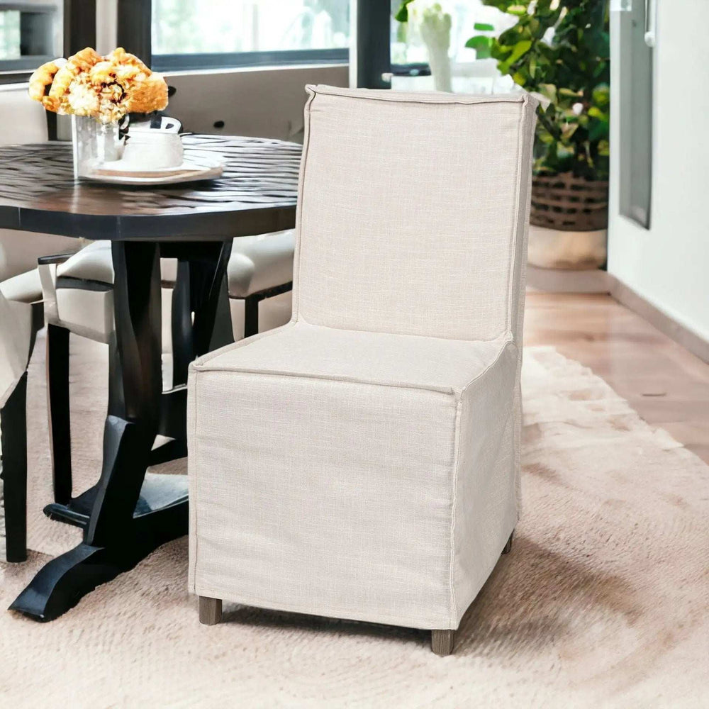 Beige And Brown Slipcovered Wood Parsons chair - Homeroots - Flyclothing LLC