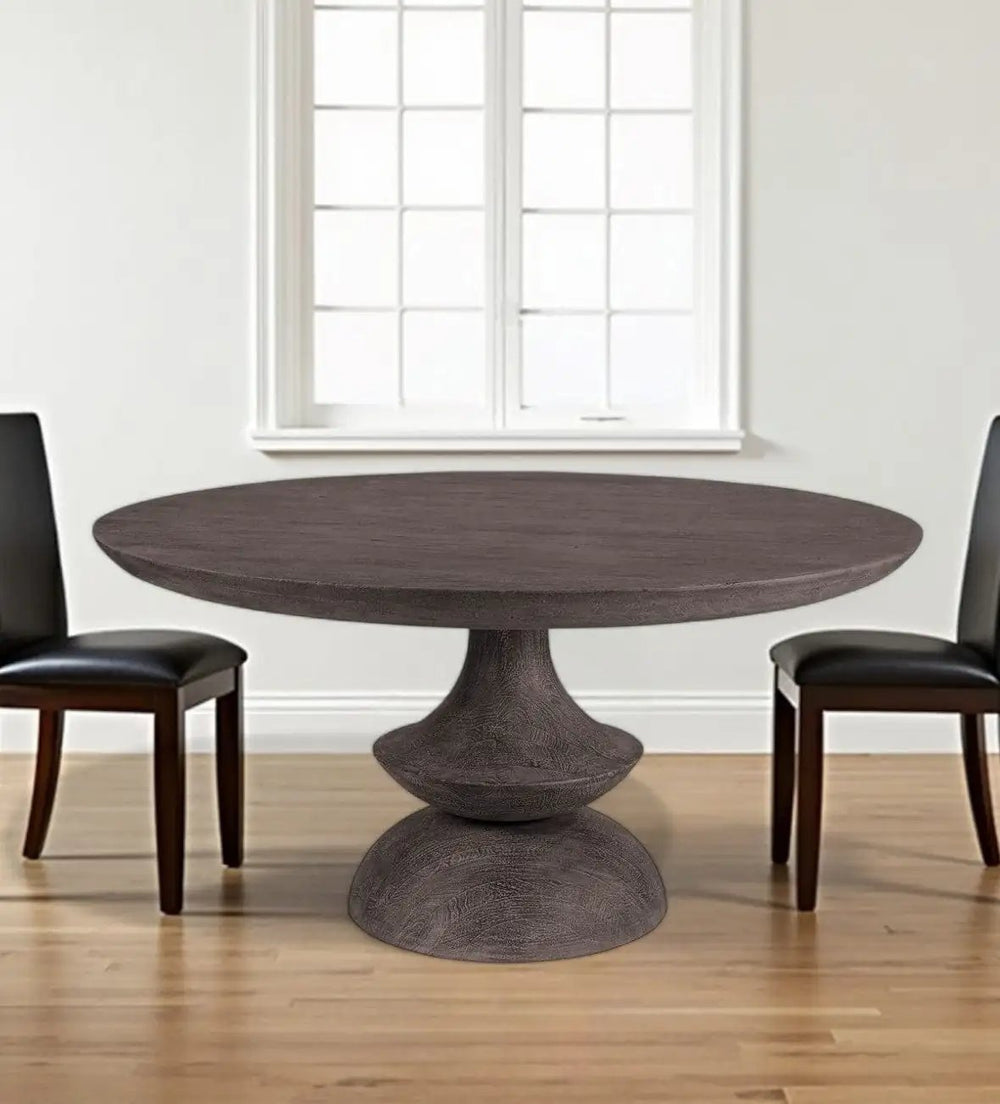 60" Gray Rounded Solid Wood Pedestal Base Dining Table - Homeroots - Flyclothing LLC