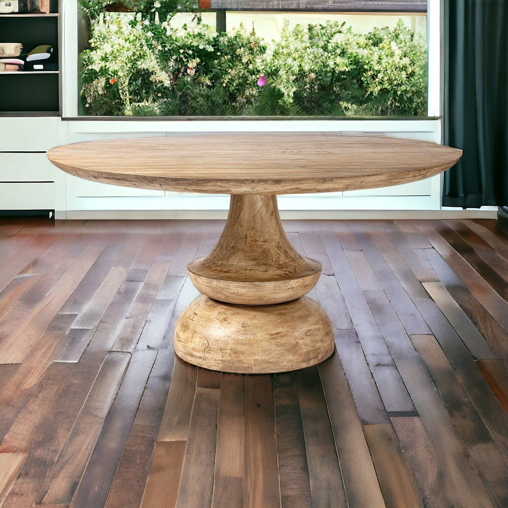 60" Natural Rounded Solid Wood Pedestal Base Dining Table - Homeroots - Flyclothing LLC
