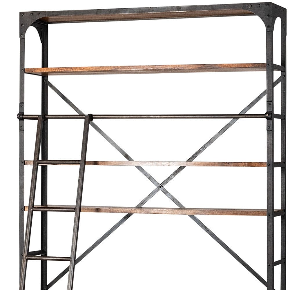 94" Brown And Black Metal and Wood Four Tier Library Bookcase With Ladder - Homeroots - Flyclothing LLC