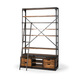 94" Brown And Black Metal and Wood Four Tier Library Bookcase With Ladder - Homeroots - Flyclothing LLC
