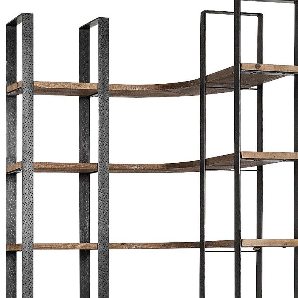 Curved Dark Brown Wood And Black Iron 6 Shelving Unit - Homeroots - Flyclothing LLC