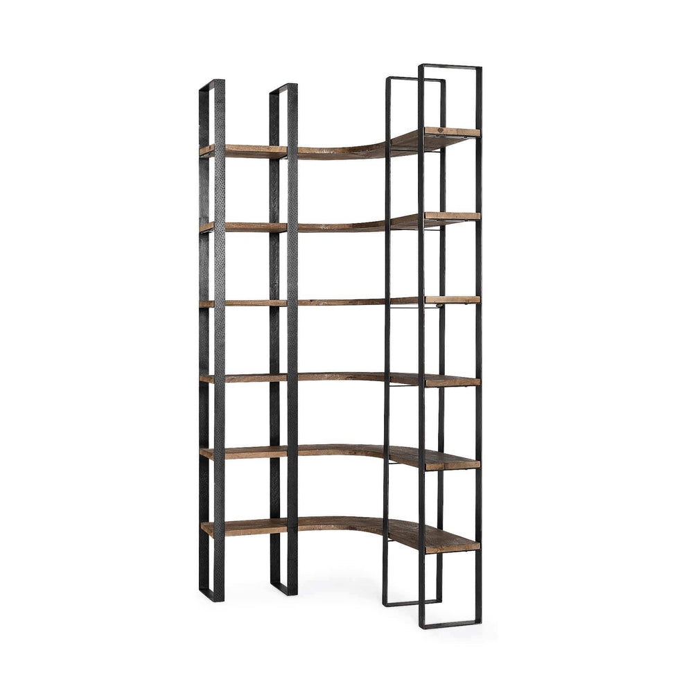 Curved Dark Brown Wood And Black Iron 6 Shelving Unit - Homeroots - Flyclothing LLC