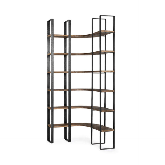 Curved Dark Brown Wood And Black Iron 6 Shelving Unit - Homeroots - Flyclothing LLC