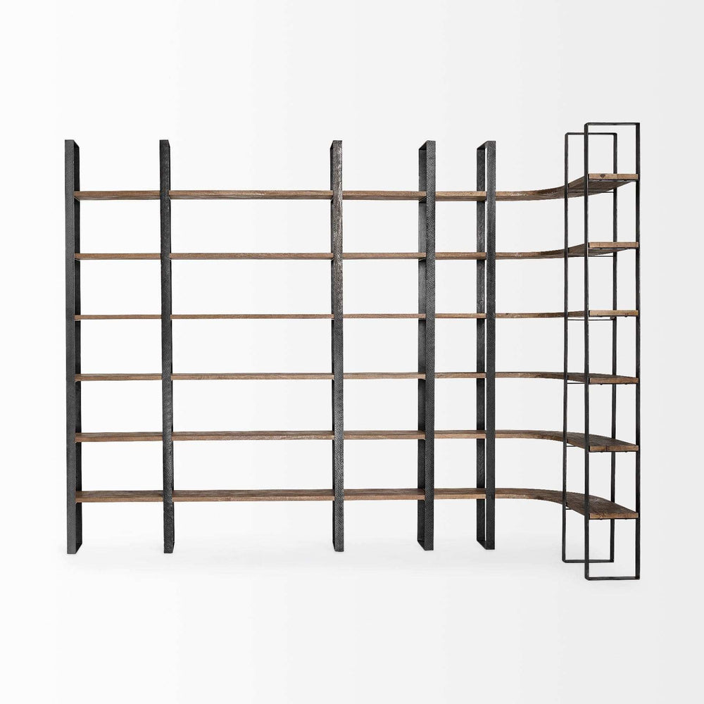 Curved Dark Brown Wood And Black Iron 6 Shelving Unit - Homeroots - Flyclothing LLC